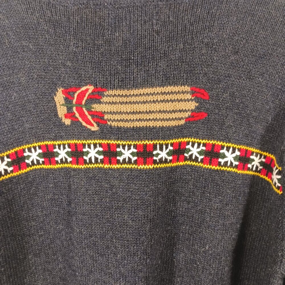 Quaker Factory Novelty Cardigan, Dark Gray Ski Winter Theme, SZ M, Holiday Cabin - Picture 9 of 14